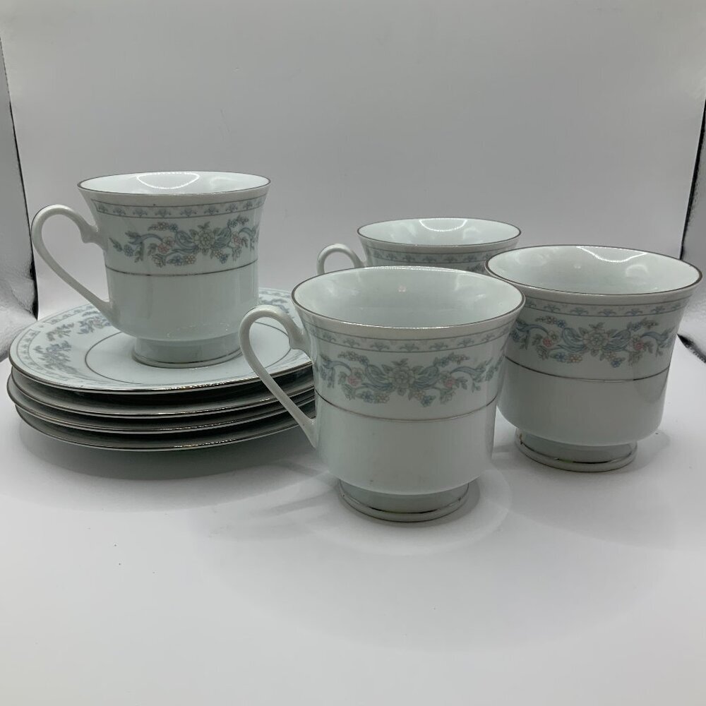 Somerset  Blue, Pink & Green Flowers w/Blue Ribbon Silver Trimmed Cups & Saucers